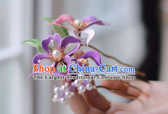 Handmade Chinese Classical Purple Silk Flower Hair Clip Traditional Hair Accessories Ancient Hanfu Court Hairpins for Women