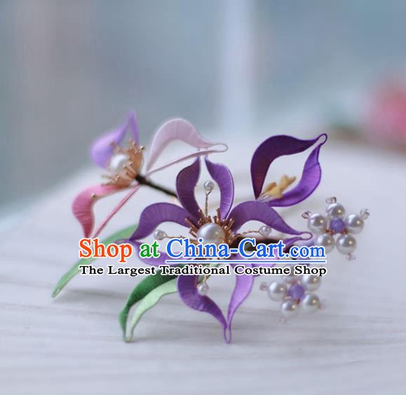 Handmade Chinese Classical Purple Silk Flower Hair Clip Traditional Hair Accessories Ancient Hanfu Court Hairpins for Women