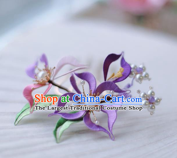 Handmade Chinese Classical Purple Silk Flower Hair Clip Traditional Hair Accessories Ancient Hanfu Court Hairpins for Women