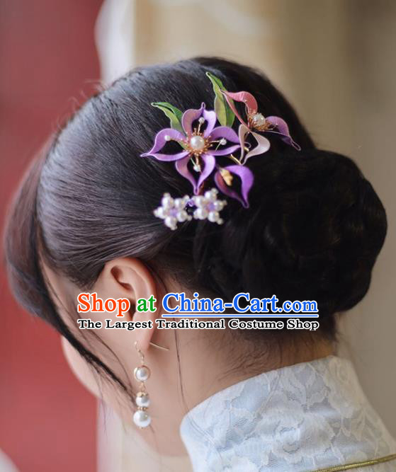 Handmade Chinese Classical Purple Silk Flower Hair Clip Traditional Hair Accessories Ancient Hanfu Court Hairpins for Women