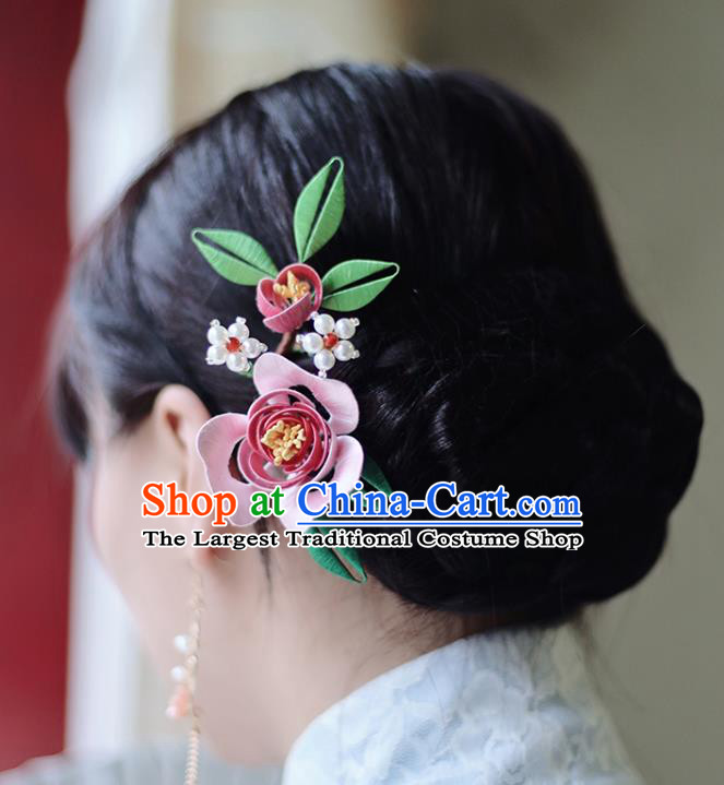 Handmade Chinese Classical Hair Comb Traditional Hair Accessories Ancient Hanfu Court Pink Silk Rose Hairpins for Women