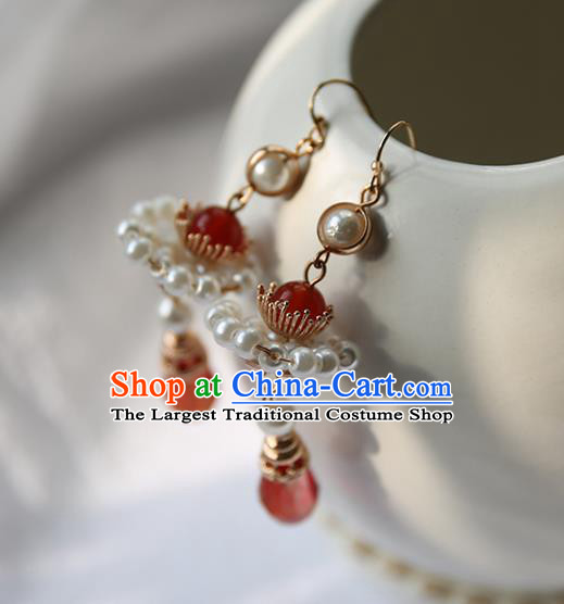 Traditional Chinese Handmade Red Earrings Ancient Hanfu Beads Ear Accessories for Women