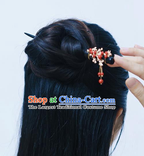 Handmade Chinese Classical Red Beads Hair Clip Traditional Hair Accessories Ancient Hanfu Carving Plum Ebony Hairpins for Women