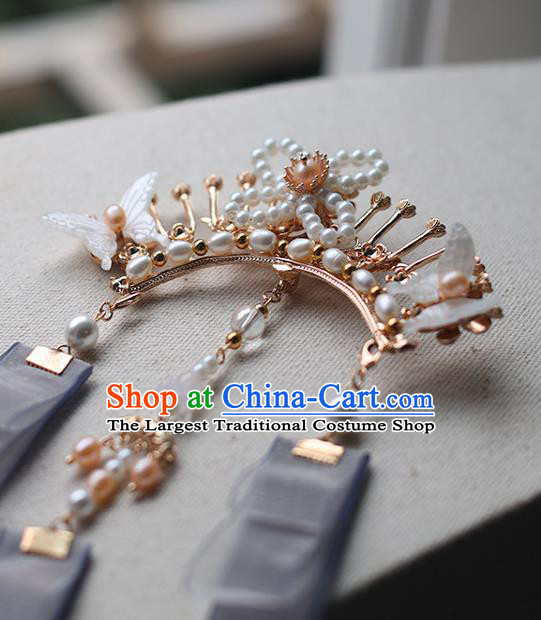 Handmade Chinese Classical Pearls Hairpins Traditional Hair Accessories Ancient Hanfu Purple Ribbon Hair Claw for Women