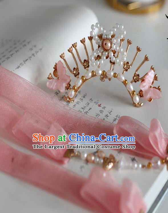 Handmade Chinese Classical Pearls Hairpins Traditional Hair Accessories Ancient Hanfu Pink Ribbon Hair Claw for Women
