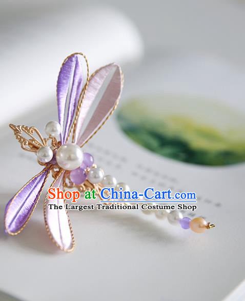 Handmade Chinese Classical Pearls Hairpins Traditional Hair Accessories Ancient Hanfu Purple Silk Dragonfly Hair Claw for Women