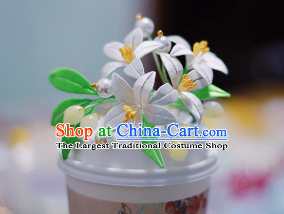 Handmade Chinese Classical Lily Flowers Hair Comb Traditional Hair Accessories Ancient Hanfu Court White Silk Hairpins for Women