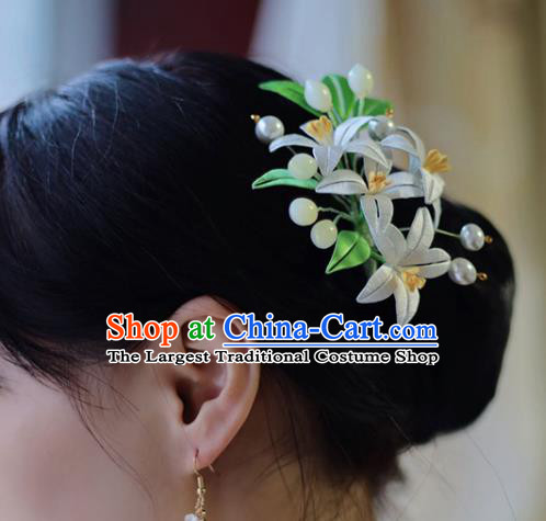 Handmade Chinese Classical Lily Flowers Hair Comb Traditional Hair Accessories Ancient Hanfu Court White Silk Hairpins for Women