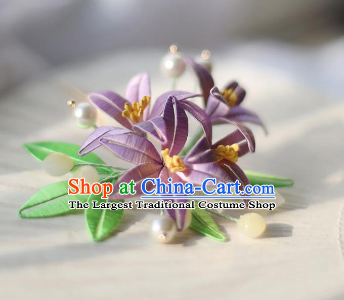 Handmade Chinese Classical Lily Flowers Hair Comb Traditional Hair Accessories Ancient Hanfu Court Lilac Silk Hairpins for Women