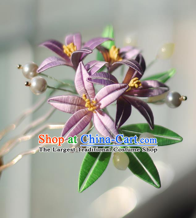 Handmade Chinese Classical Lily Flowers Hair Comb Traditional Hair Accessories Ancient Hanfu Court Lilac Silk Hairpins for Women
