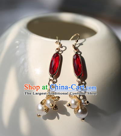 Traditional Chinese Handmade Red Gem Earrings Ancient Hanfu Ear Accessories for Women