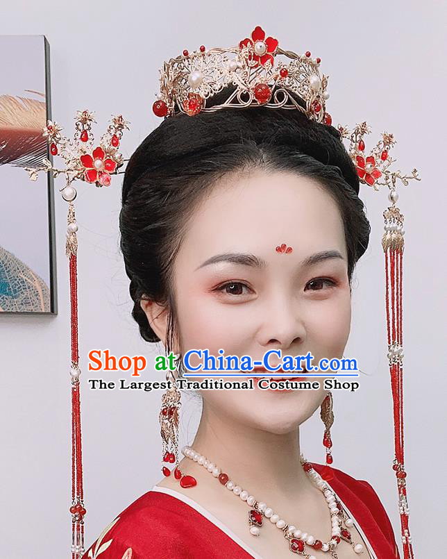 Chinese Classical Wedding Hair Crown Traditional Hanfu Hair Accessories Handmade Bride Tassel Hairpins Complete Set