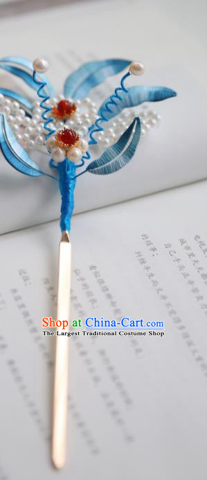 Handmade Chinese Classical Blue Silk Leaf Hairpins Traditional Hair Accessories Ancient Qing Dynasty Court Pearls Hair Clip for Women
