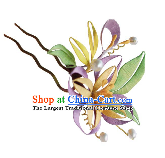 Handmade Chinese Classical Purple Silk Flowers Hairpins Traditional Hair Accessories Ancient Qing Dynasty Court Hair Clip for Women