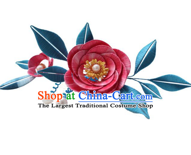Handmade Chinese Classical Silk Flowers Hairpins Traditional Hair Accessories Ancient Qing Dynasty Court Red Camellia Hair Clip for Women