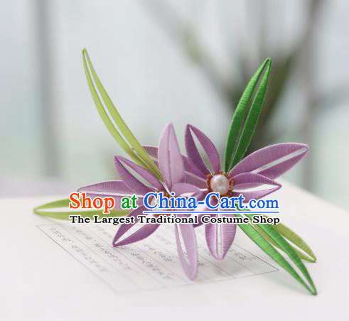 Handmade Chinese Classical Purple Silk Flowers Hairpins Traditional Hair Accessories Ancient Qing Dynasty Court Orchid Hair Clip for Women