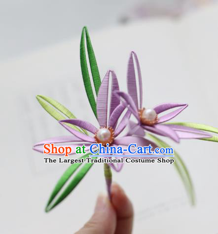 Handmade Chinese Classical Purple Silk Flowers Hairpins Traditional Hair Accessories Ancient Qing Dynasty Court Orchid Hair Clip for Women