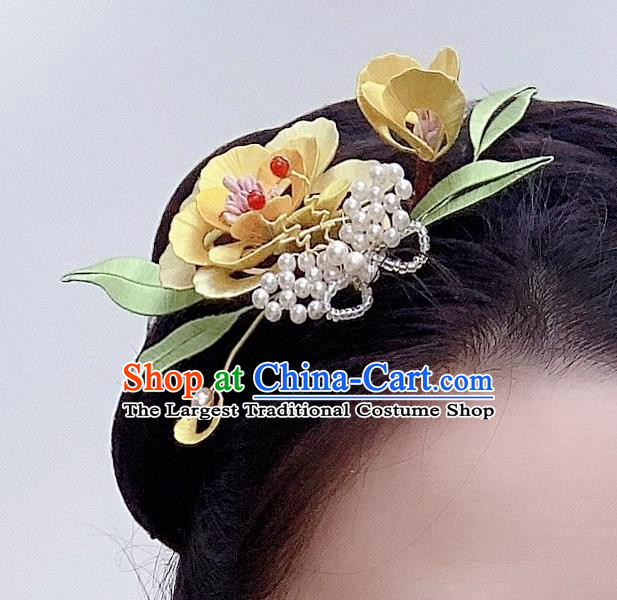 Handmade Chinese Classical Yellow Silk Flowers Hairpins Traditional Hair Accessories Ancient Qing Dynasty Court Peony Hair Comb for Women