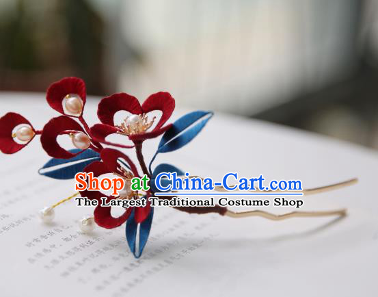 Handmade Chinese Classical Pearls Hairpins Traditional Hair Accessories Ancient Qing Dynasty Court Wine Red Silk Flower Hair Clip for Women