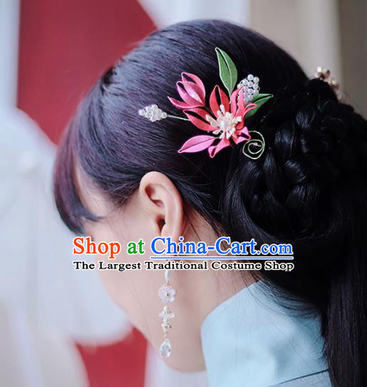 Handmade Chinese Classical Court Hairpins Traditional Hair Accessories Ancient Qing Dynasty Pink Silk Flower Hair Clip for Women