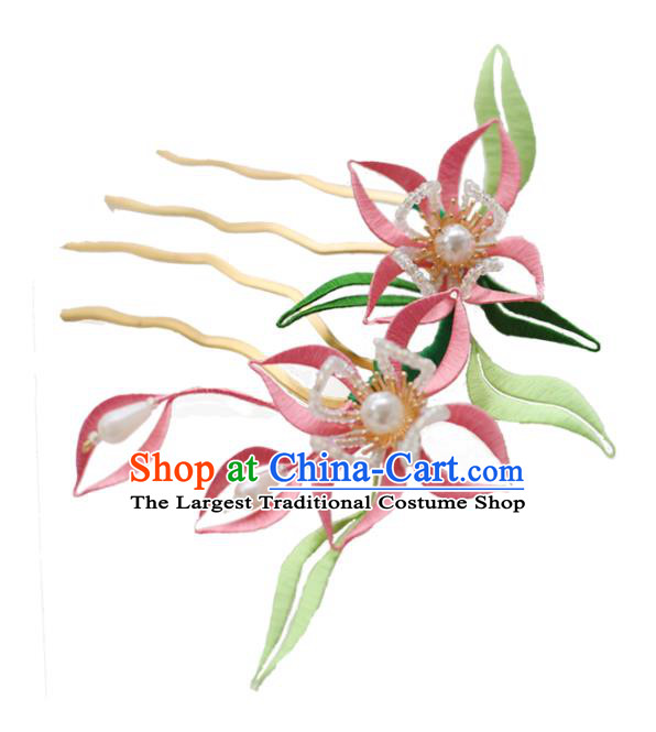 Handmade Chinese Classical Court Pearls Hairpins Traditional Hair Accessories Ancient Qing Dynasty Pink Silk Flower Hair Comb for Women