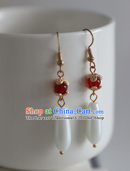 Traditional Chinese Handmade Red Agate Earrings Ancient Hanfu Pearl Ear Accessories for Women