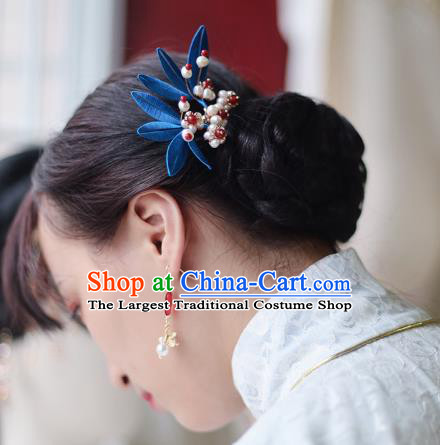 Handmade Chinese Classical Pearls Hairpins Traditional Hair Accessories Ancient Hanfu Blue Silk Bamboo Leaf Hair Clip for Women