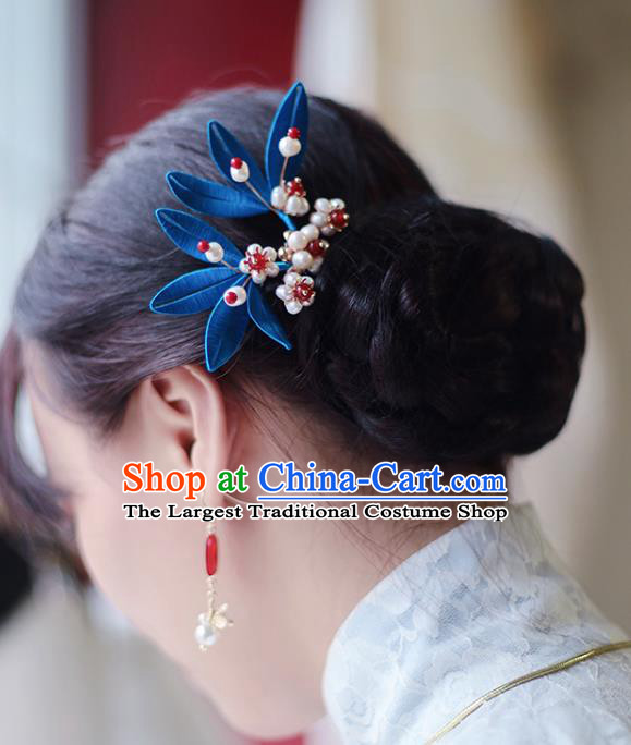 Handmade Chinese Classical Pearls Hairpins Traditional Hair Accessories Ancient Hanfu Blue Silk Bamboo Leaf Hair Clip for Women