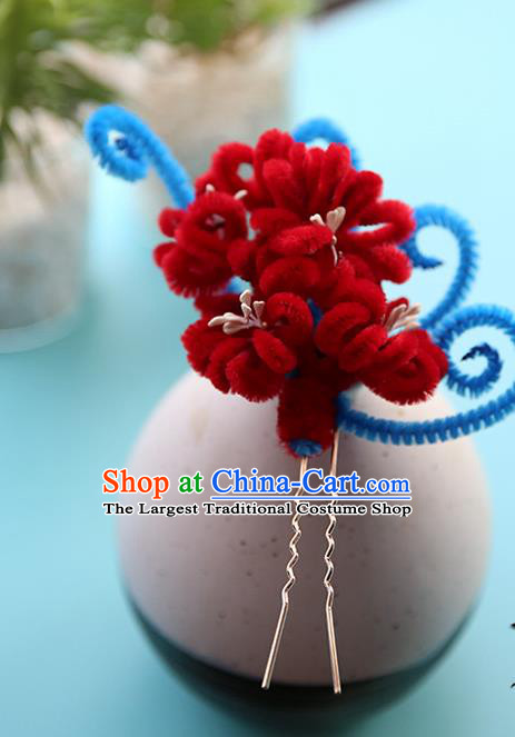 Handmade Chinese Qing Dynasty Hairpins Traditional Classical Hair Accessories Ancient Red Velvet Chrysanthemum Hair Clip for Women