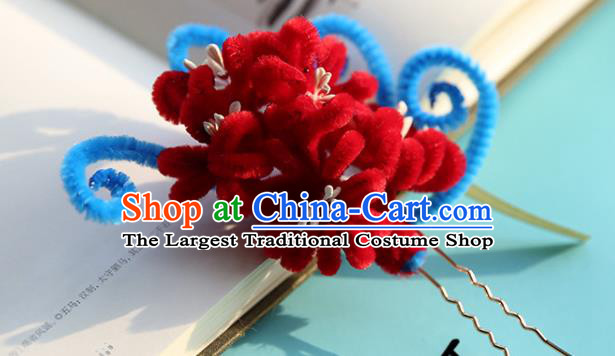 Handmade Chinese Qing Dynasty Hairpins Traditional Classical Hair Accessories Ancient Red Velvet Chrysanthemum Hair Clip for Women