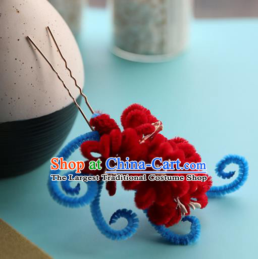 Handmade Chinese Qing Dynasty Hairpins Traditional Classical Hair Accessories Ancient Red Velvet Chrysanthemum Hair Clip for Women