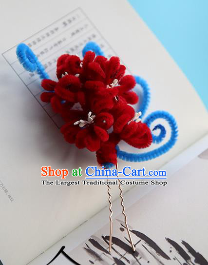 Handmade Chinese Qing Dynasty Hairpins Traditional Classical Hair Accessories Ancient Red Velvet Chrysanthemum Hair Clip for Women