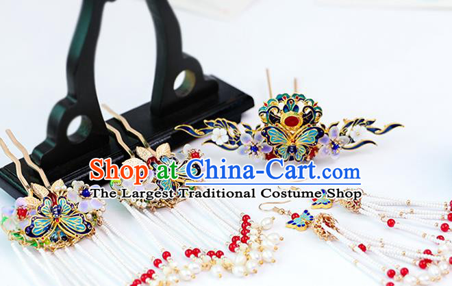 Chinese Classical Wedding Cloisonne Hair Crown Traditional Bride Hair Accessories Handmade Hanfu Butterfly Tassel Hairpins Full Set