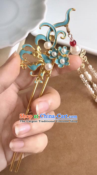 Handmade Chinese Ming Dynasty Blue Hair Clip Traditional Hair Accessories Ancient Court Tassel Hairpins for Women