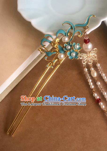 Handmade Chinese Ming Dynasty Blue Hair Clip Traditional Hair Accessories Ancient Court Tassel Hairpins for Women