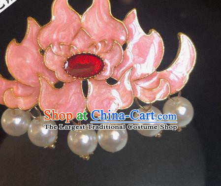 Chinese Classical Wedding Pink Lotus Hair Crown Handmade Traditional Bride Hair Accessories Tassel Hairpins