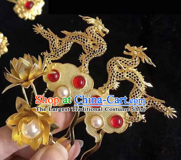 Handmade Chinese Tang Dynasty Golden Dragon Hair Clip Traditional Hair Accessories Ancient Court Red Agete Hairpins for Women