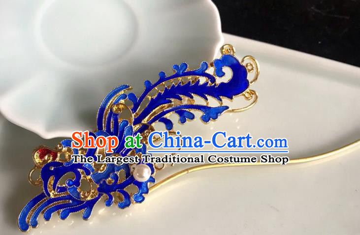 Handmade Chinese Ming Dynasty Beads Tassel Hair Clip Traditional Hair Accessories Ancient Court Blueing Phoenix Hairpins for Women