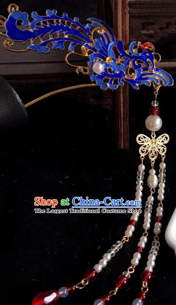 Handmade Chinese Ming Dynasty Beads Tassel Hair Clip Traditional Hair Accessories Ancient Court Blueing Phoenix Hairpins for Women