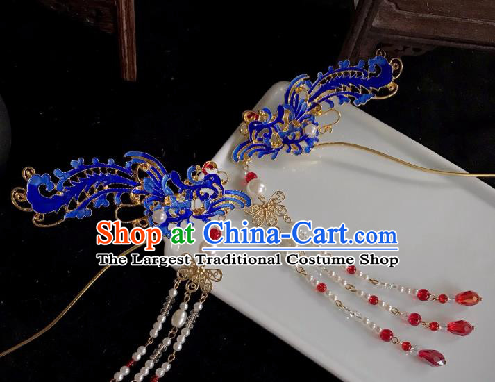 Handmade Chinese Ming Dynasty Beads Tassel Hair Clip Traditional Hair Accessories Ancient Court Blueing Phoenix Hairpins for Women