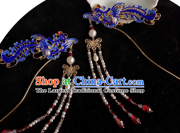 Handmade Chinese Ming Dynasty Beads Tassel Hair Clip Traditional Hair Accessories Ancient Court Blueing Phoenix Hairpins for Women
