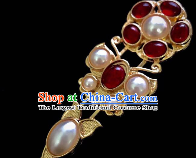 Handmade Chinese Tang Dynasty Red Agate Hair Clip Traditional Hair Accessories Ancient Court Queen Golden Hairpins for Women