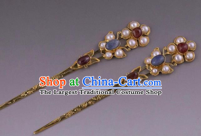 Handmade Chinese Tang Dynasty Blue Stone Hair Clip Traditional Hair Accessories Ancient Court Queen Pearls Hairpins for Women
