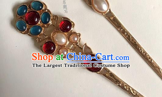 Handmade Chinese Tang Dynasty Golden Butterfly Hair Clip Traditional Hair Accessories Ancient Court Queen Agate Hairpins for Women