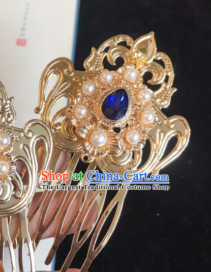 Handmade Chinese Tang Dynasty Golden Hair Comb Traditional Hair Accessories Ancient Court Royalblue Crystal Hairpins for Women