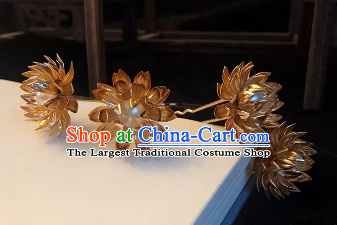 Handmade Chinese Tang Dynasty Princess Hair Clip Traditional Hair Accessories Ancient Court Golden Lotus Hairpins for Women