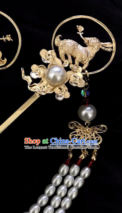 Handmade Chinese Tang Dynasty Pearls Tassel Hair Clip Traditional Hair Accessories Ancient Golden Rabbit Hairpins for Women