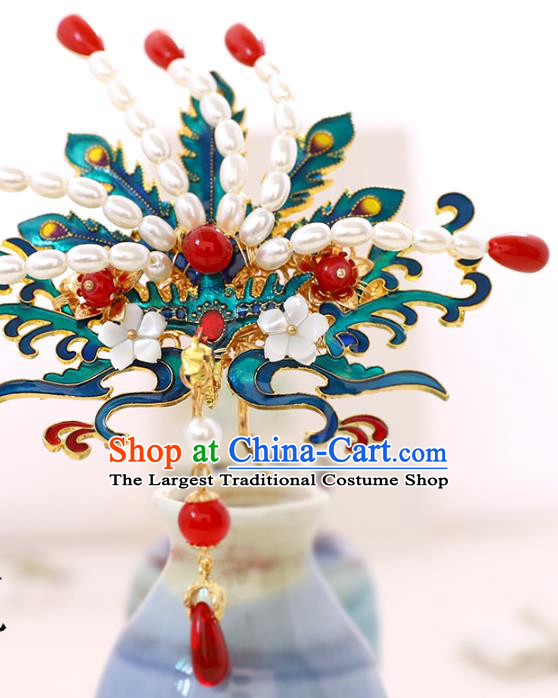 Chinese Classical Wedding Pearls Phoenix Hair Crown Traditional Bride Hair Accessories Handmade Hanfu Cloisonne Hair Comb