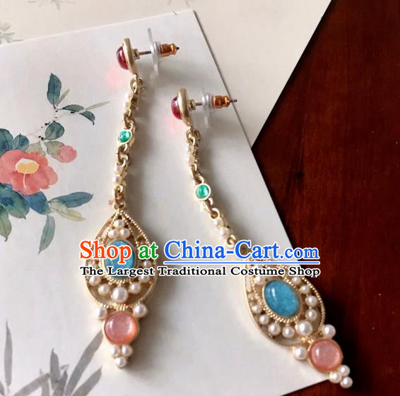 Chinese Handmade Hanfu Tang Dynasty Earrings Traditional Ear Jewelry Accessories Classical Gems Golden Eardrop for Women