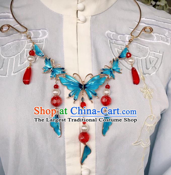 Top Grade Chinese Classical Ming Dynasty Blueing Butterfly Necklet Jewelry Accessories Handmade Ancient Hanfu Necklace for Women